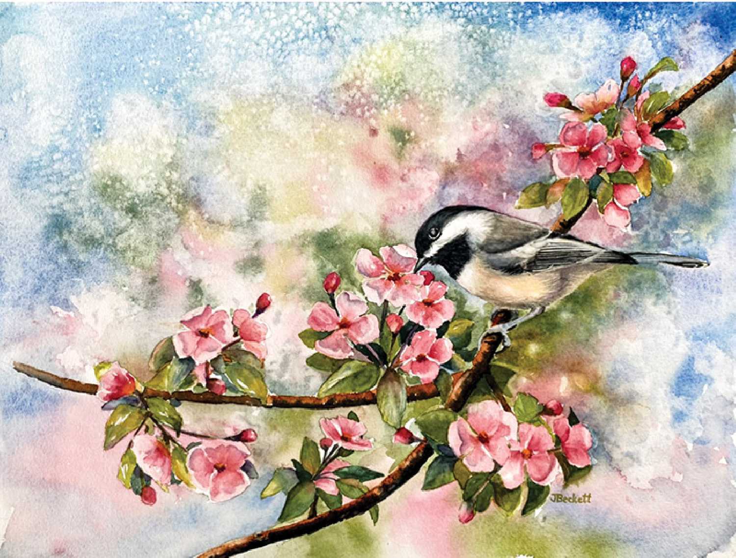 The chickadee painting on the front of the art cards.
